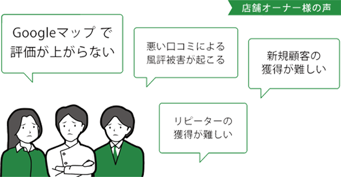 店舗経営者様集客でのお悩みはございませんか？
新規顧客の獲得
リピーターの獲得
風評被害